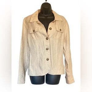 100% Linen Tan Cream Button Front Utility Style Jacket - Size L